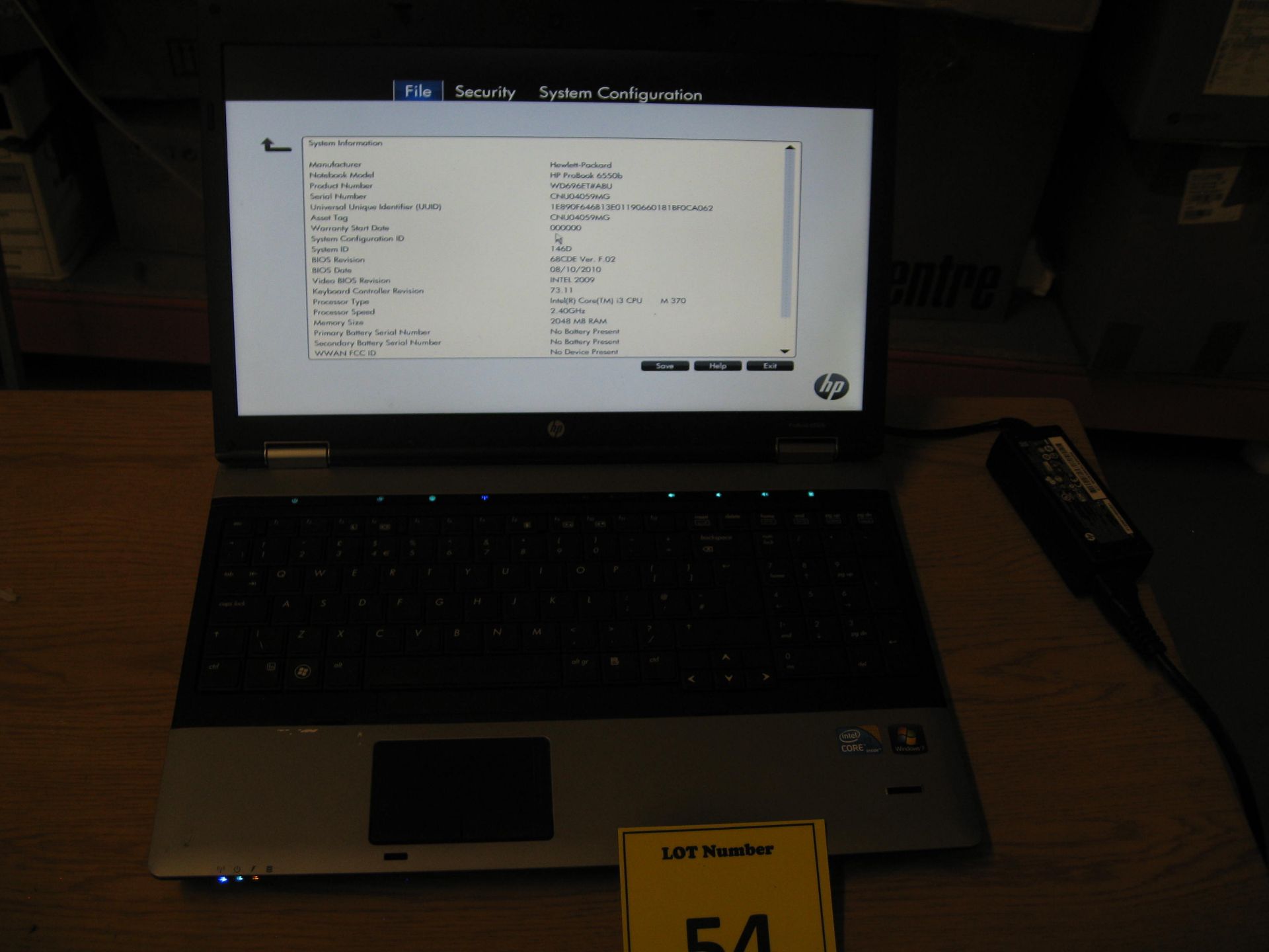 HP Probook 6470b Laptop, C-i3/2.4GHZ, 2GB RAM/320 GB HDD, dvdrw, psu - Win 7 Pro COA