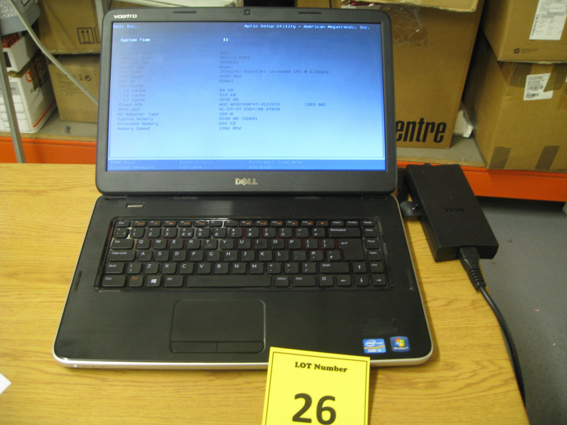 DELL VOSTRO 2520 LAPTOP. Core i3 2.2GHZ, 2GB RAM, 320GB HDD, DVDRW, PSU. W7 PRO COA