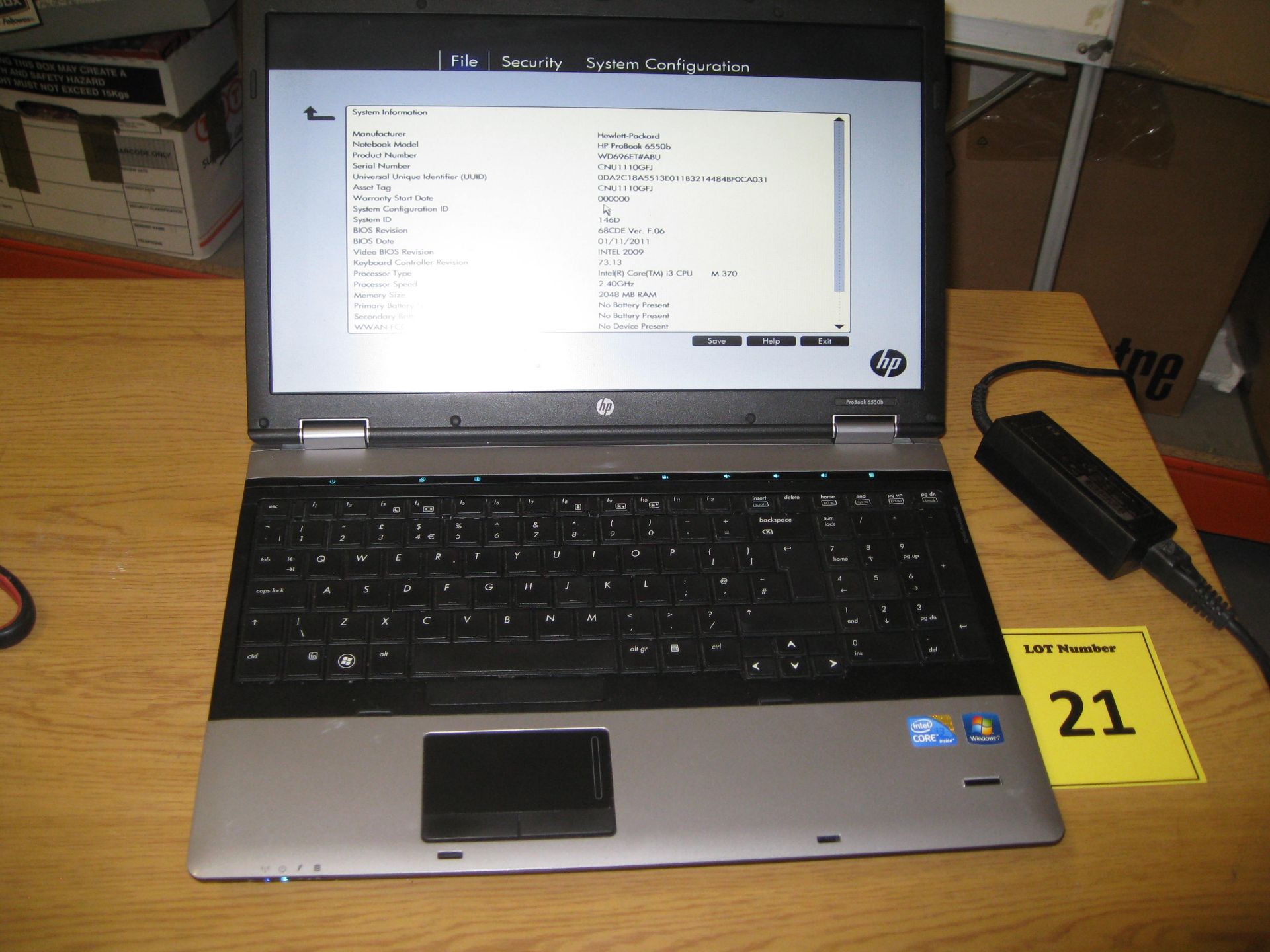 HP Probook 6550b Laptop, Core-i3 2.40Ghz, 2Gb Ram/320GB HDD, dvdrw, psu - Win 7 Pro COA