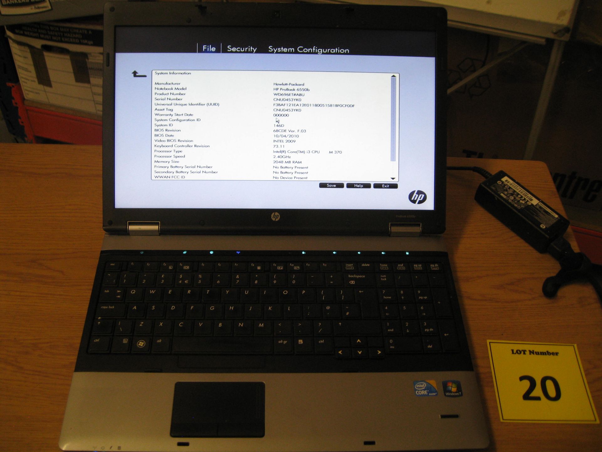 HP Probook 6550b Laptop, Core-i3 2.40Ghz, 2Gb Ram/320GB HDD, dvdrw, psu - Win 7 Pro COA