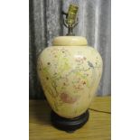 HOME/ VINTAGE - A large hand painted ginger jar table lamp, lacking shade, on wooden base.