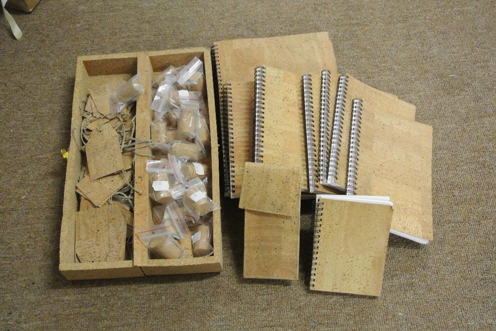 CORK - A collection of various Cork items to include novelty Yahtzi sets, notebooks, a glasses