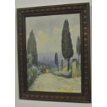 ART - An antique framed watercolour painting of an urban road, signed in the bottom corner. Measures