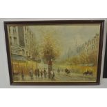 ART - An oil on canvas painting of a street seen, signed to the bottom corner, framed. Measures