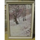 H S S HEWITT - An original framed acrylic on board painting of a winter wood scene. Measures