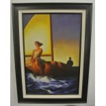 ART - A large modern framed painting of a woman on front of a yacht with a yellow sail, signed to