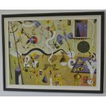 ART - A large surrealist style framed painting, signed to the bottom corner. Measures 84x109cm.