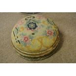 FURNITURE/ VINTAGE - A small tapestry work footstool, on carved wooden base. Requiring some light