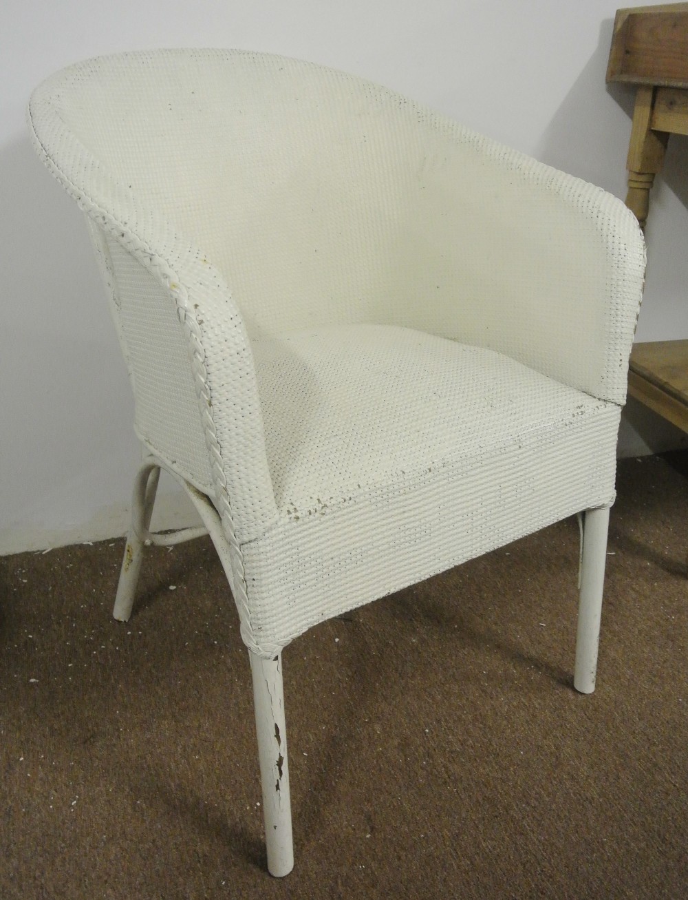 FURNITURE/ HOME - A vintage Lloyd Loom style chair with metal frame, which has been painted white.