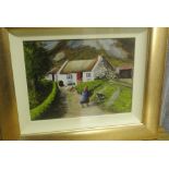 T BUTCHER - An original framed painting of an Irish Cottage scene, measures 51x61cm