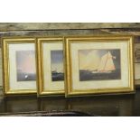 ARTWORK - A collection of 3 antique style prints in gold effect frames, showing various ships.