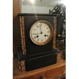 CLOCK - A beautiful antique slate, striking mantel clock with marble detailing to case & a painted