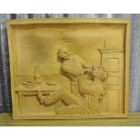 WOODCARVING - A carved wood effect panel showing a dentist pulling a tooth from a patient.