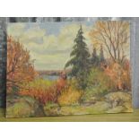 ART/ JAMES MILLAR - An oil on board landscape titled to rear ' Autumn in Ontario Canada', dated &