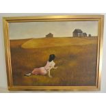 ART - A large modern oil on canvas country scene of a girl in a pink dress in a field looking back
