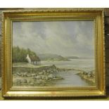 DESMOND MONROE - An original oil on canvas painting of a coastal scene, framed. Measures 61x50cm.