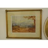 ARTWORK - A beautiful watercolour landscape painting of a Mountain scene in ornate frame,