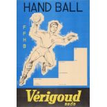 Affiche passe-partout de la Fédération Française de Handball. Vers 1950. Publicité des Sodas