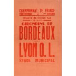 Affiche de la rencontre de Championnat de France opposant Bordeaux à Lyon le 24 octobre 1954. Les