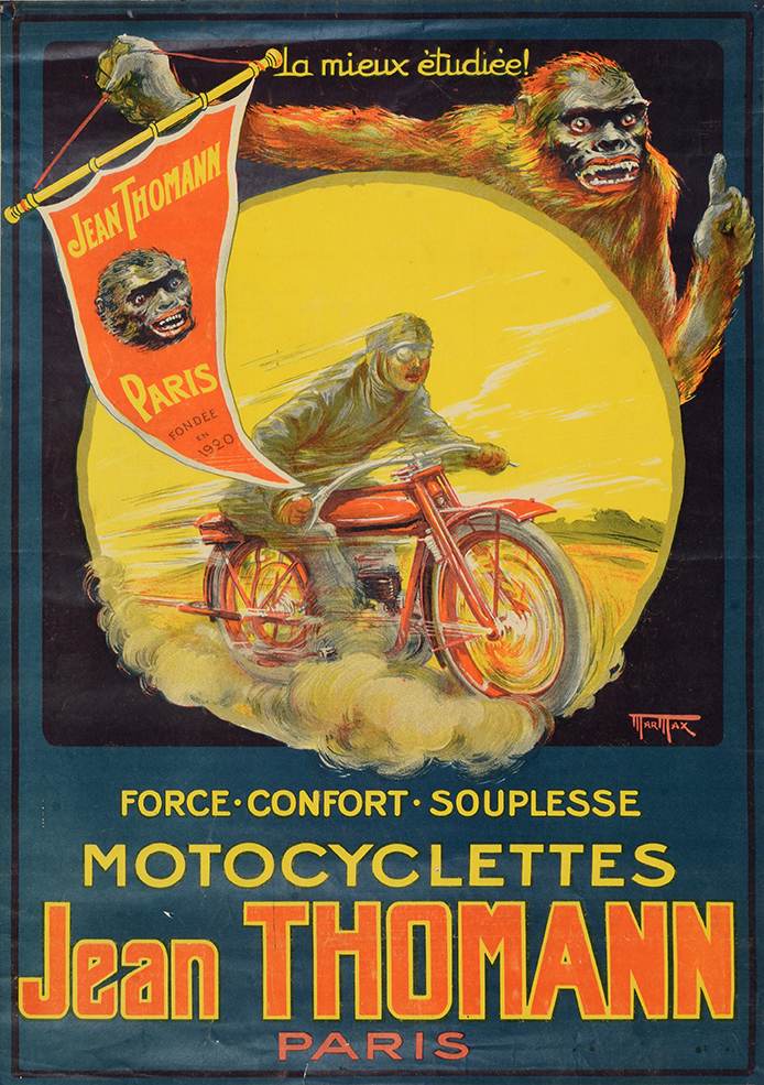 Affiche publicitaire des motocyclettes Jean Thomann à Paris. Signée Marmax en bas à droite. Circa