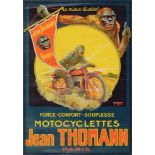Affiche publicitaire des motocyclettes Jean Thomann à Paris. Signée Marmax en bas à droite. Circa