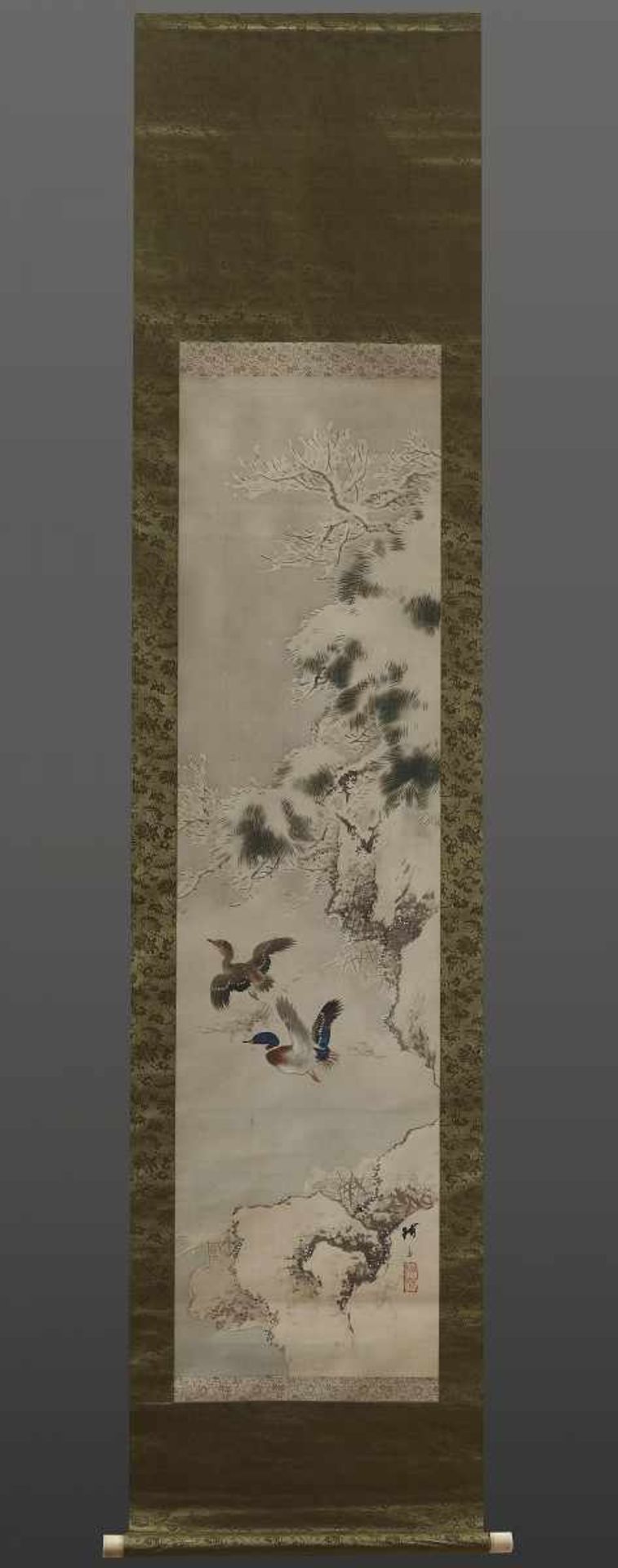 Snowy river scene with ducks by Kano Baisai ( 1884  1970 ) Nihonga. Technique: Ink and colors on
