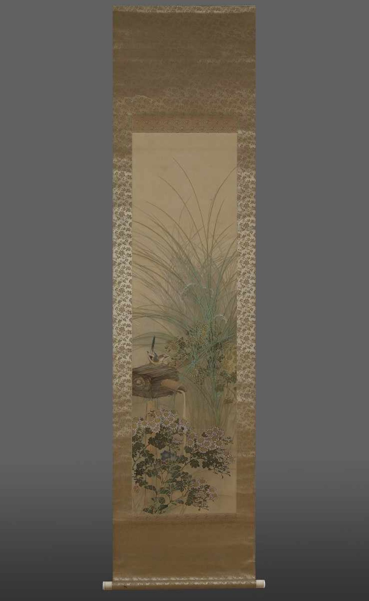 Three Japanese Scrolls Decorated with cranes, a garden scene and a coastal-scene with cranes and