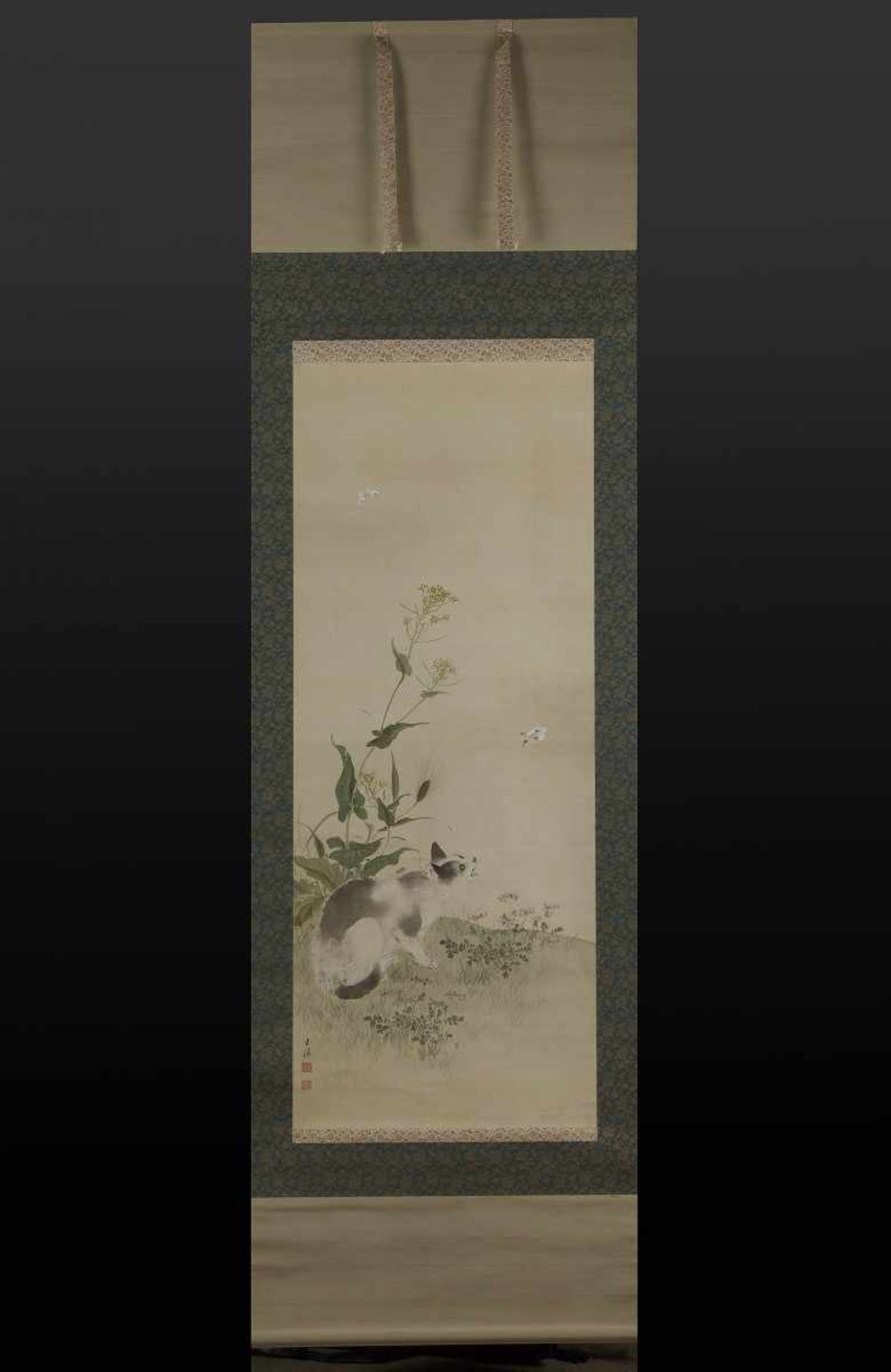 A Painting of a Cat and Butterflies by Gyokkei, Mochizuki ?? ?? (1874 - 1938) Signed: Gyokkei