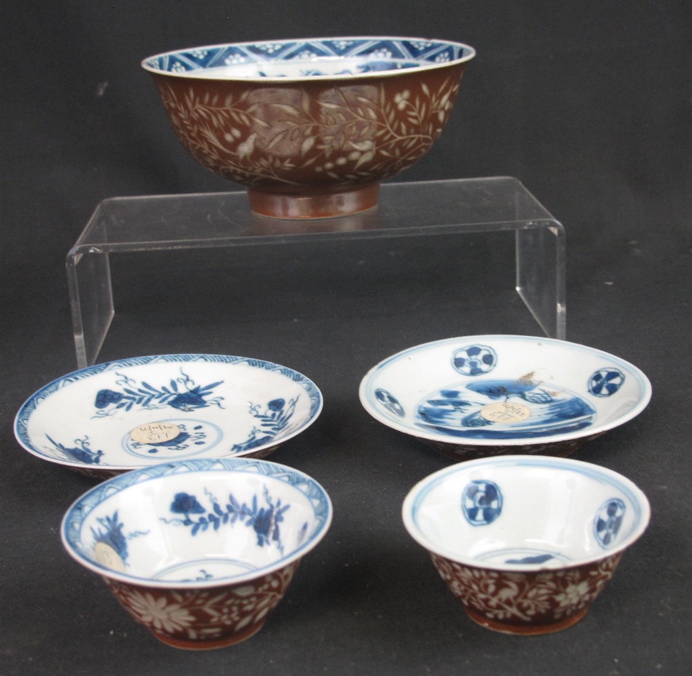 A GROUP OF EARLY 18TH CENTURY STYLE CHINESE BATAVIAN BROWN GLAZED ITEMS to include: a bowl with