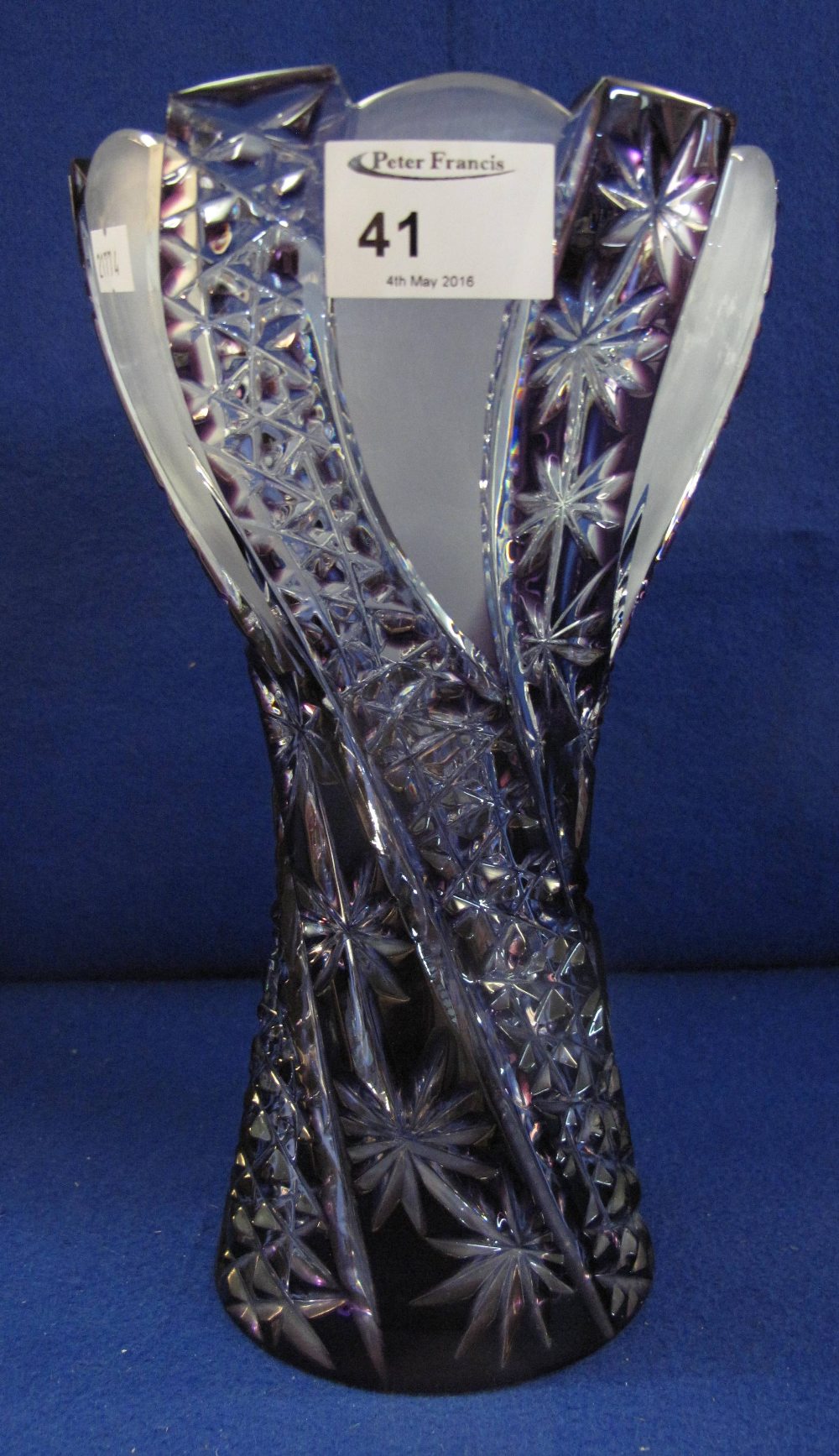 Cut glass American style flash banded, flower shaped pedestal vase.