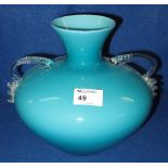 Turquoise overlay glass, two handled, baluster shaped vase.