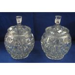 Pair of heavy moulded glass hobnail, baluster shaped biscuit barrels and covers.