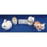 Four Royal Crown Derby bone china paperweights: 'Derby Dormouse'; 'Owlet'; 'Spice' and 'Bunny'.