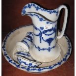 Staffordshire Alma Pottery flow blue decorated jug and basin set with soap dish and toothbrush vase.