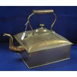 Large square copper and brass kettle with domed top and bar handle.