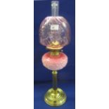 Early 20th Century brass double burner oil lamp with coloured glass,