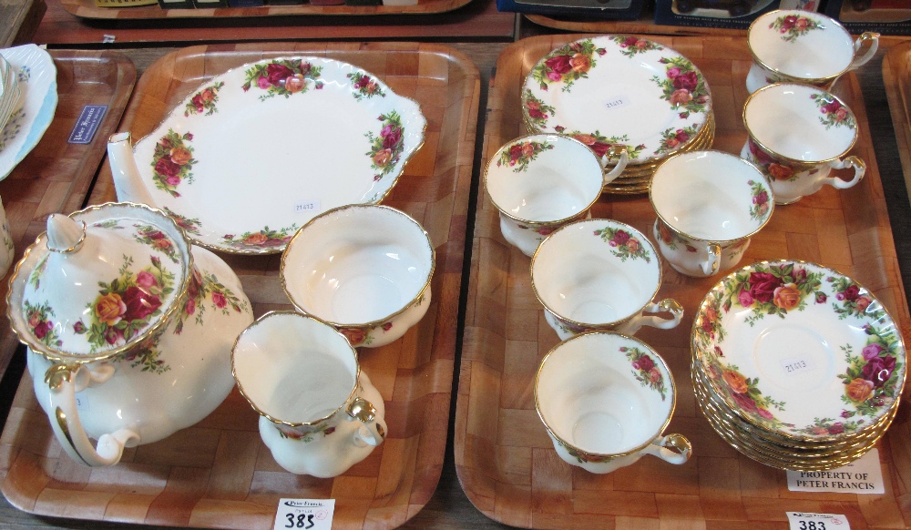 Two trays of Royal Albert 'Old Country Roses' bone china teaware items comprising: teapot;