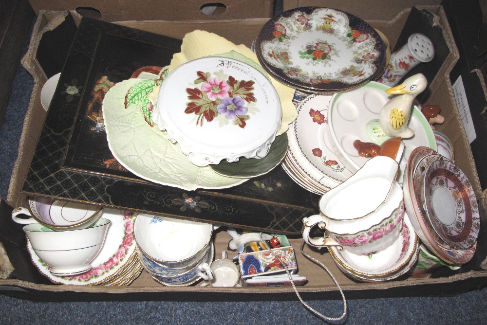 Tray of assorted china to include: various floral cabinet cups and saucers; stoneware cruet set;