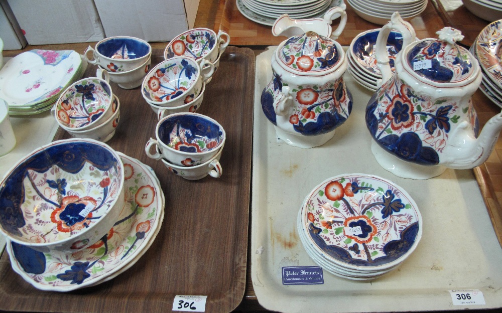 Two trays of 19th Century Gaudy Welsh teaware items to include: cups and saucers; bowl; dishes;