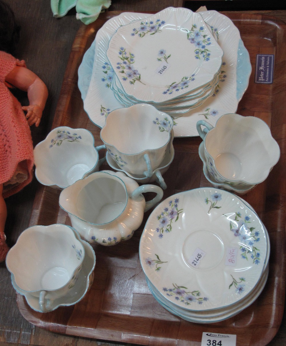 Tray of Shelley fine bone china 'Bluerock' teaware comprising: six cups; six saucers; milk jug;