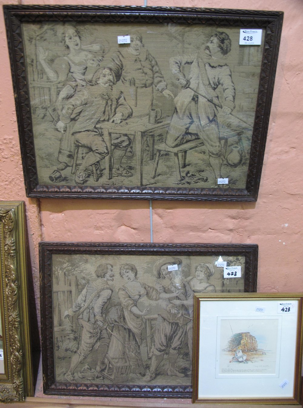 Pair of tapestry panels, cavaliers and other figures,