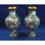 Pair of turquoise ground, baluster shaped cloisonne vases with prunus blossom.