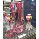 Assorted glassware to include: pair of Murano type overlay glass vases, cranberry glass etc.