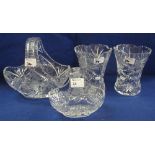 Group of cut lead crystal items to include: a pair of glass vases and two glass bowls.