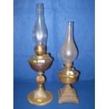 Early 20th Century brass double burner oil lamp with fluted column and circular beaded base,