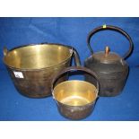 large brass preserving pan with iron swing handle,