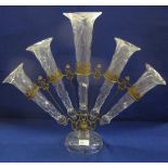 Large moulded glass and yellow metal five flute epergne with circular domed glass base.