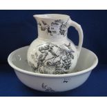 Late 19th Century Staffordshire Pottery jug and basin set in transfer printed black 'paroquet'