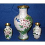 20th Century white ground cloisonne baluster vase decorated with chrysanthemums and birds,