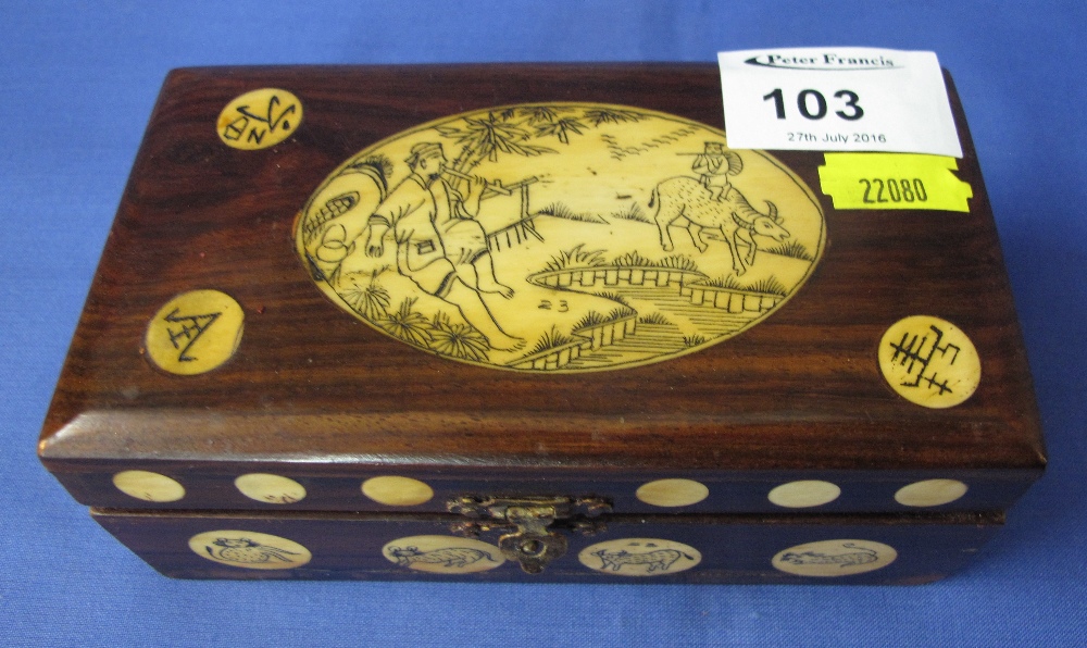 Chinese hardwood box inlaid with bone panels depicting figures and animals,